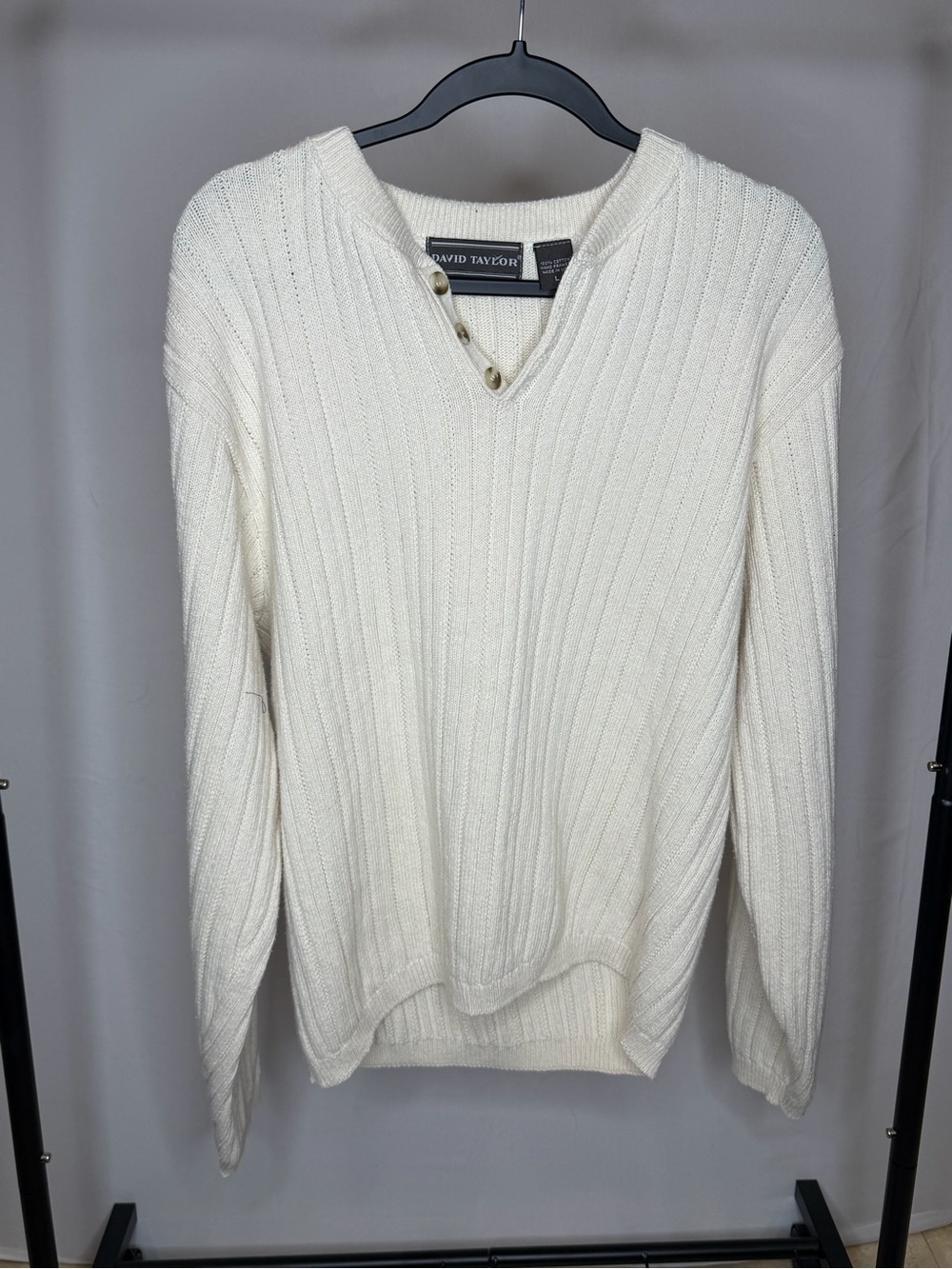 David Taylor Men's Ivory Ribbed V-Neck Sweater with Button Placket